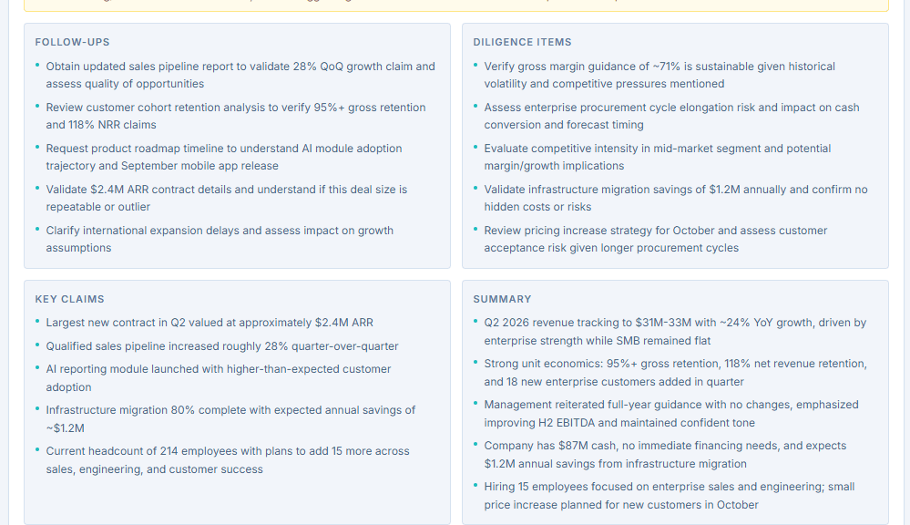 Structured call-notes output showing follow-ups, diligence items, key claims, and a management-call summary