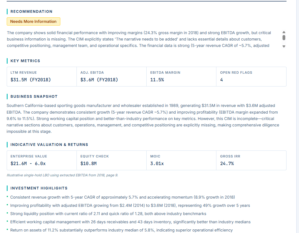 IC memo excerpt showing the recommendation, key metrics, business snapshot, indicative valuation and returns, and investment highlights
