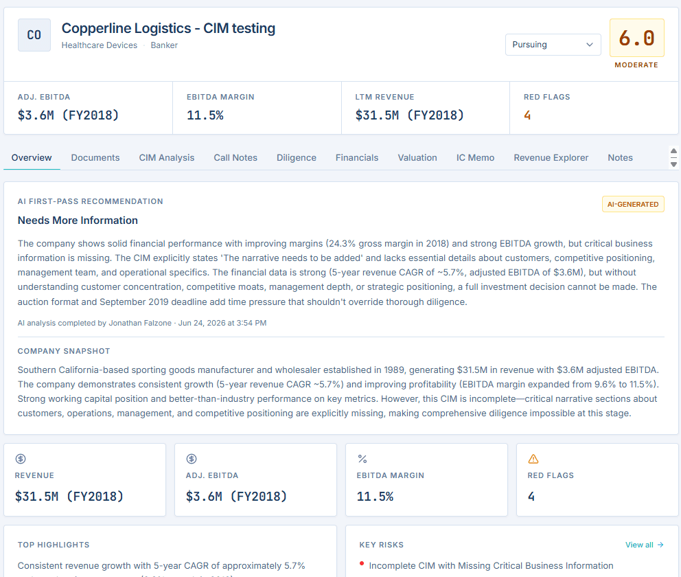 Diligenco deal overview screen showing the AI first-pass recommendation, scored verdict, and company snapshot for a sample deal